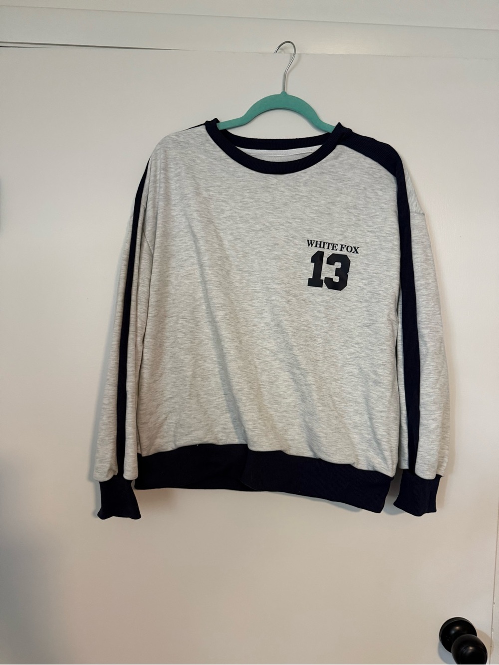 White Fox Boutique Light Gray & Black Raglan '13' Crewneck